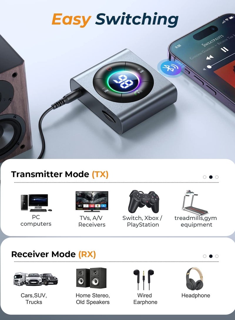 Bluetooth 5.3 Car Adapter, 2-in-1 Transmitter  Receiver with Dual Mics, LED Display, 3.5mm AUX for Car Audio, Home Stereo, TV, Airplane, PC, and Speakers, Metal Design. - Image 5